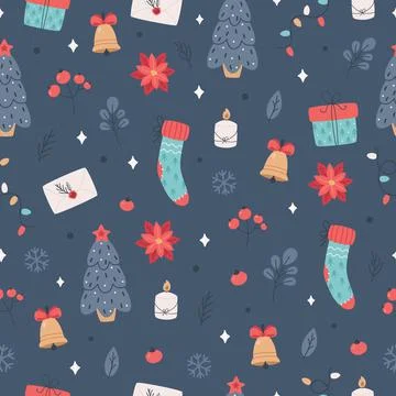 Christmas seamless pattern with Christmas tree, gift, mistletoe. socks. Иллюстрация