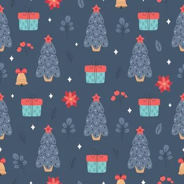 Christmas seamless pattern with Christmas tree, gift, mistletoe. Stock Illustration