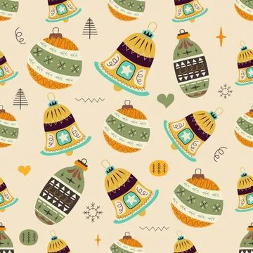Christmas seamless pattern. Christmas tree toys ornament background with Stock Illustration