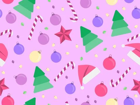 Christmas seamless pattern with Christmas trees and Christmas balls, stars, c Stock Illustration