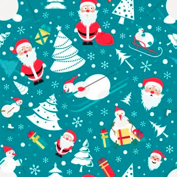 Christmas seamless pattern. Colour flat  design with Santa Claus, snowman, ch Stock Illustration
