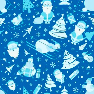 Christmas seamless pattern. Colour flat  design with Santa Claus, snowman, ch Stock Illustration