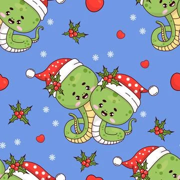 Christmas seamless pattern with couple snake wearing Santa hats on blue bac.. Stock Illustration