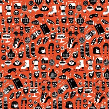 Christmas seamless pattern with cozy and cute winter holiday elements in black Stock Illustration