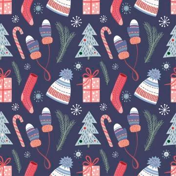 Christmas seamless pattern with cozy clothes and candies Stock Illustration