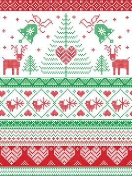 Christmas seamless pattern in cross stitch style with bell, reindeer Illustrazione stock