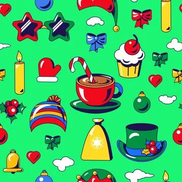 Christmas Seamless Pattern with Cup and Holiday Icons Stock Illustration