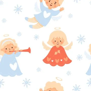 Christmas seamless pattern. Cute angel blond kids. Funny girls with trumpet.. Stock Illustration