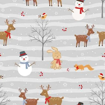 Christmas seamless pattern with cute animals and snowman on winter background Stock Illustration