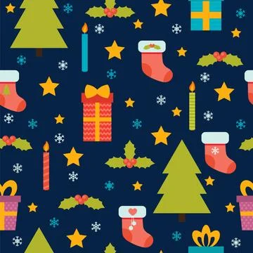 Christmas seamless pattern. Cute background with Christmas tree, snowflakes.. Stock Illustration