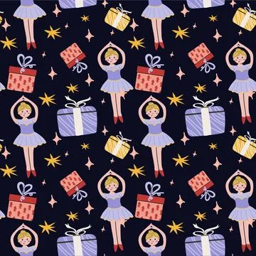 Christmas seamless pattern with a cute ballerina, presents and stars on a dark Stock Illustration