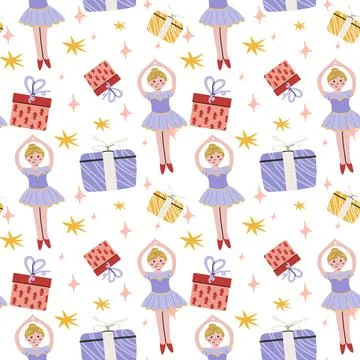 Christmas seamless pattern with a cute ballerina, presents and stars on a wight Stock Illustration