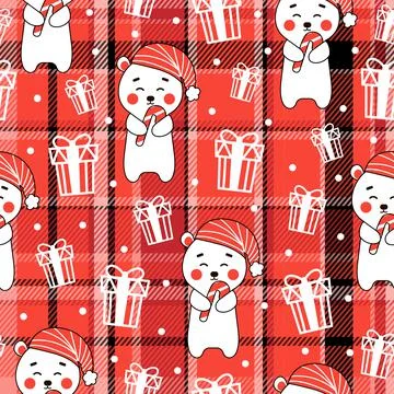 Christmas seamless pattern with cute bear character and gifts on red checked  Stock Illustration