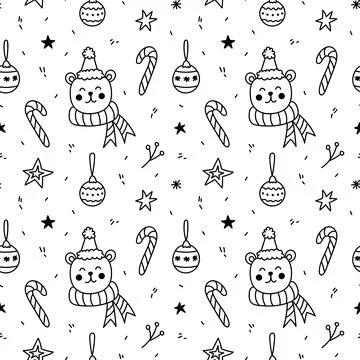 Christmas seamless pattern with cute bears, Christmas balls, candy and stars Stock Illustration