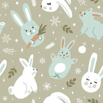Christmas seamless pattern of cute bunnies and snowflakes. Modern simple flat Stockillustratie