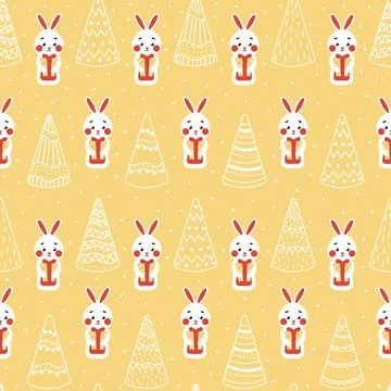 Christmas seamless pattern with cute bunny character and christmas tree on ye Stock Illustration