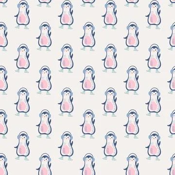 Christmas seamless pattern with cute cartoon penguins Stock Illustration