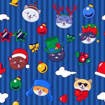 Christmas Seamless Pattern with Cute Cat Faces and Holiday Icons Stock Illustration