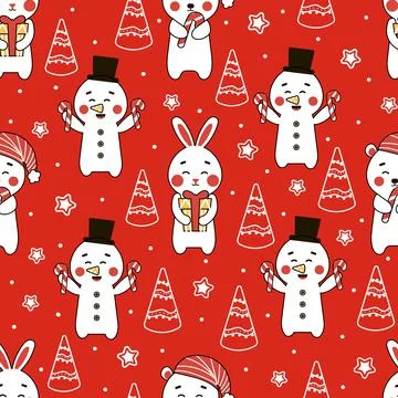 Christmas seamless pattern with cute characters snowman, bear and bunny on re Stock Illustration