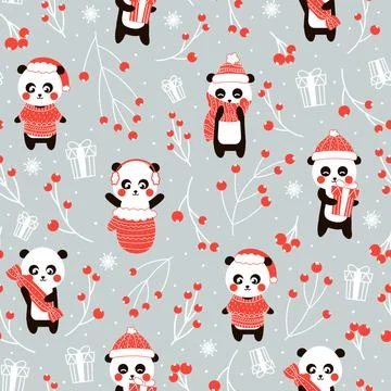Christmas seamless pattern with cute chinese panda bear character on rgray ba イラスト素材