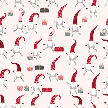Christmas Seamless Pattern, cute Christmas gnomes in red hats Stock Illustration