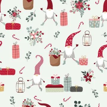 Christmas Seamless Pattern, cute Christmas gnomes in red hats Stock Illustration