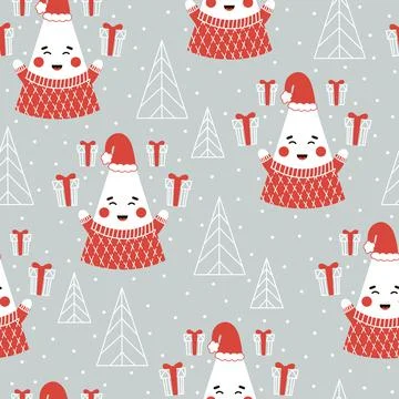 Christmas seamless pattern with cute christmas tree character on gray backgro Stock Illustration