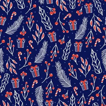 Christmas seamless pattern with cute christmas seasonal plants, fir branches, Stock Illustration