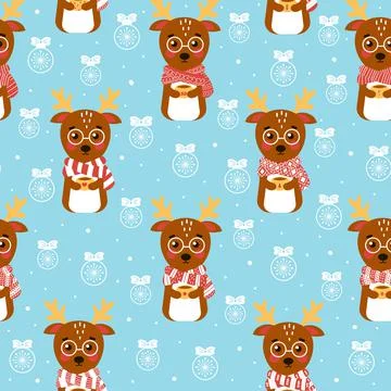 Christmas seamless pattern with cute deer character and christmas balls on bl Stock Illustration