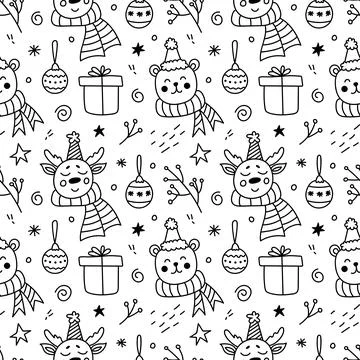 Christmas seamless pattern with cute deers and bears, gifts and twigs Stock Illustration
