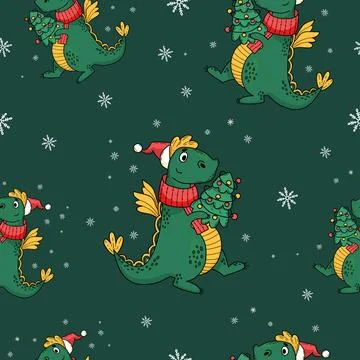 Christmas Seamless pattern. Cute dragon with Christmas tree on green backgr.. Stock Illustration