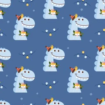 Christmas Seamless pattern. Cute dragon with gift on blue background with 스톡 일러스트