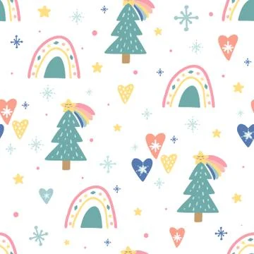 Christmas seamless pattern with cute funny characters. Unique decoration with Stock Illustration