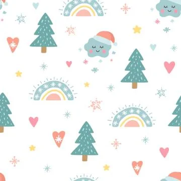 Christmas seamless pattern with cute funny characters. Unique decoration with Stock Illustration