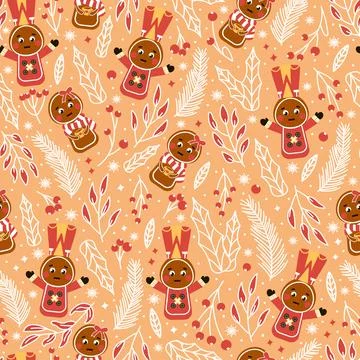 Christmas seamless pattern with cute gingerbread cookie character and gifts o Stock Illustration