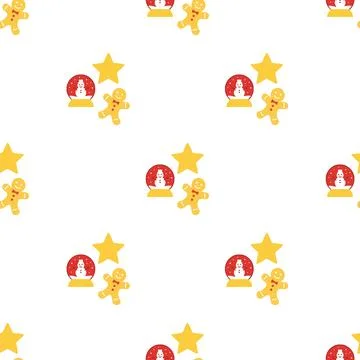 Christmas seamless pattern with cute gingerbread men snow globes and yellow.. Stock Illustration