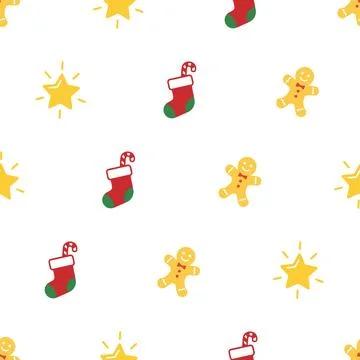 Christmas seamless pattern with cute gingerbread men socks and glowing stars. Illustrazione stock