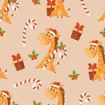 Christmas seamless pattern with cute giraffe in Santas hat with caramel candy 스톡 일러스트
