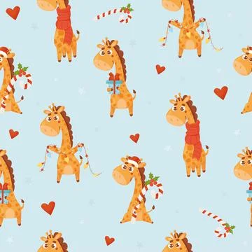 Christmas seamless pattern with cute giraffe with gift, garland, caramel candy 스톡 일러스트