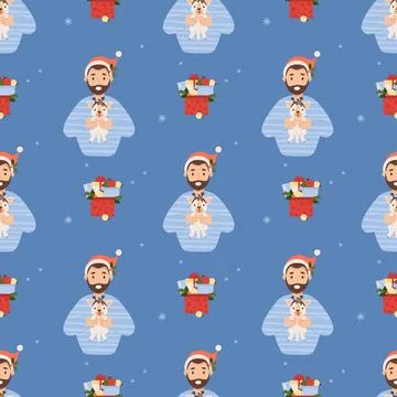 Christmas seamless pattern. Cute happy man with New Year gift funny puppy o.. Stock Illustration