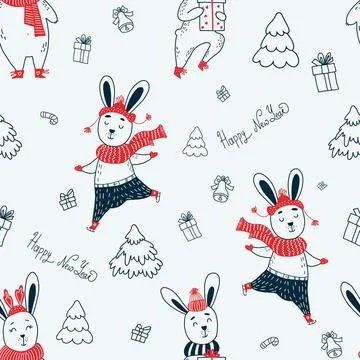 Christmas seamless pattern. Cute hares in winter clothes on light background wit Stock Illustration