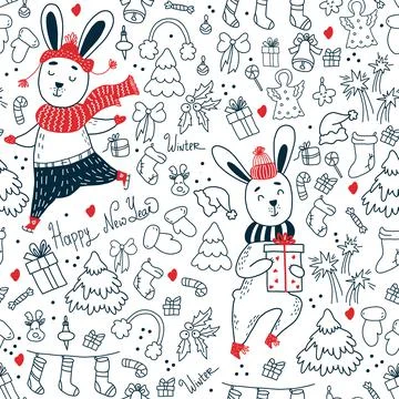 Christmas seamless pattern. Cute hares in winter clothes with gifts on white bac Illustrazione stock
