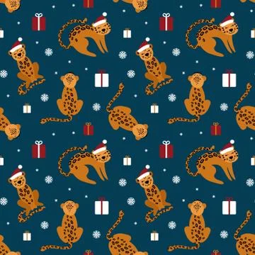 Christmas seamless pattern with cute leopards Stock Illustration