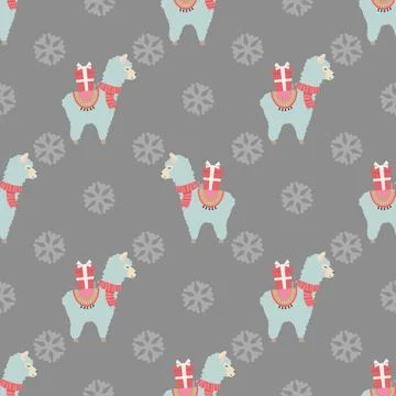 Christmas seamless pattern with cute llamas and gifts Stock Illustration
