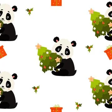 Christmas Seamless Pattern. Cute panda with gift and Christmas tree on white Stockillustratie