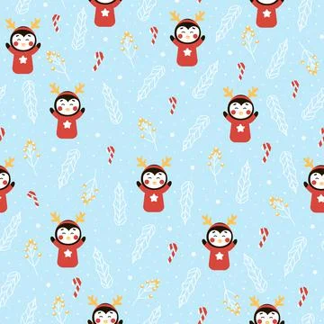 Christmas seamless pattern with cute penguin character and candy cane on blue Stock Illustration