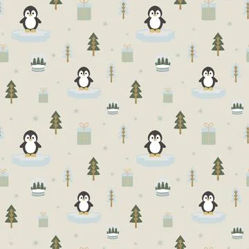 Christmas seamless pattern with cute penguins and trees イラスト素材