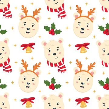 Christmas seamless pattern with cute polar bears in winter clothes Stock Illustration