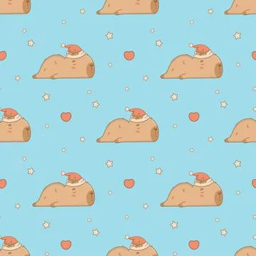 Christmas Seamless pattern. Cute sleeping Capybara Santa on blue background.. Stock Illustration