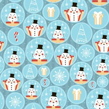 Christmas seamless pattern with cute snowman character and gifts on blue back Stock Illustration